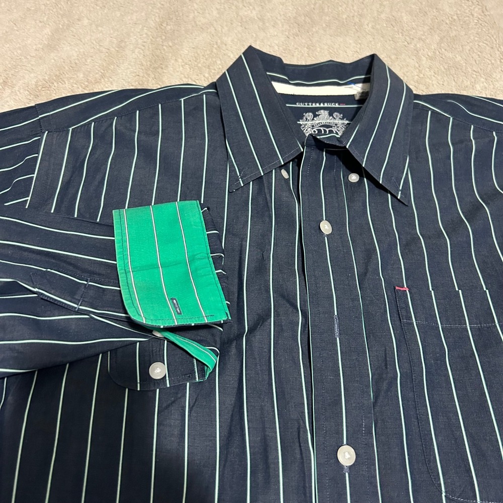 Cutter & Buck Button Down Shirt Mens L Navy Green Striped Anniversary Edition